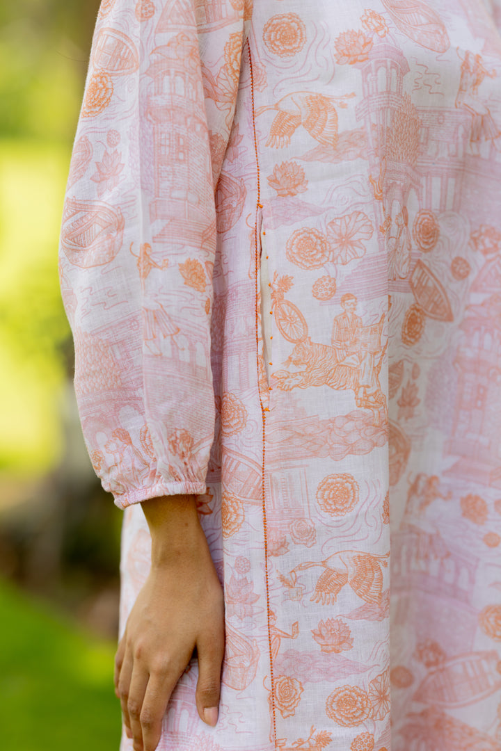 Linen Panel Dress- Orange Banaras