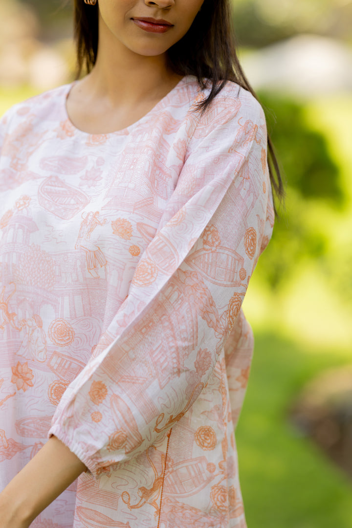 Linen Panel Dress- Orange Banaras