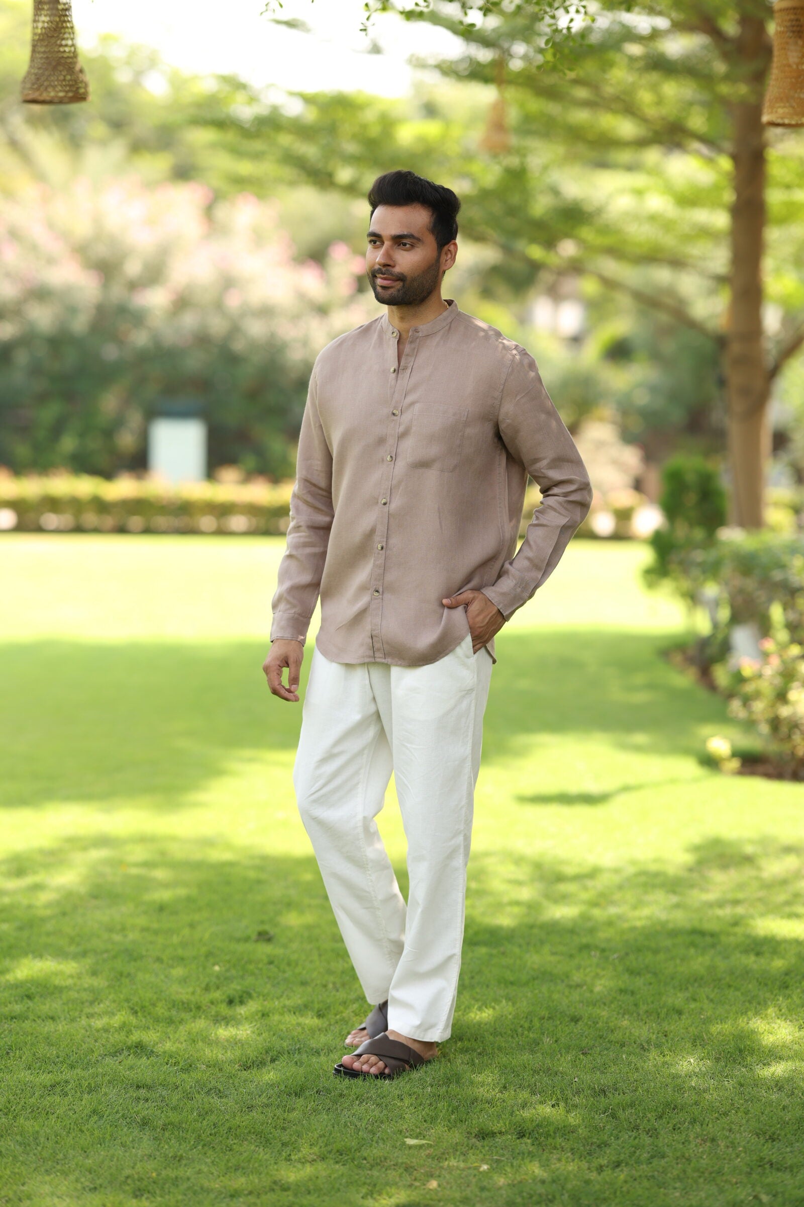 Linen Men Mandarin Collar Shirt - Mud