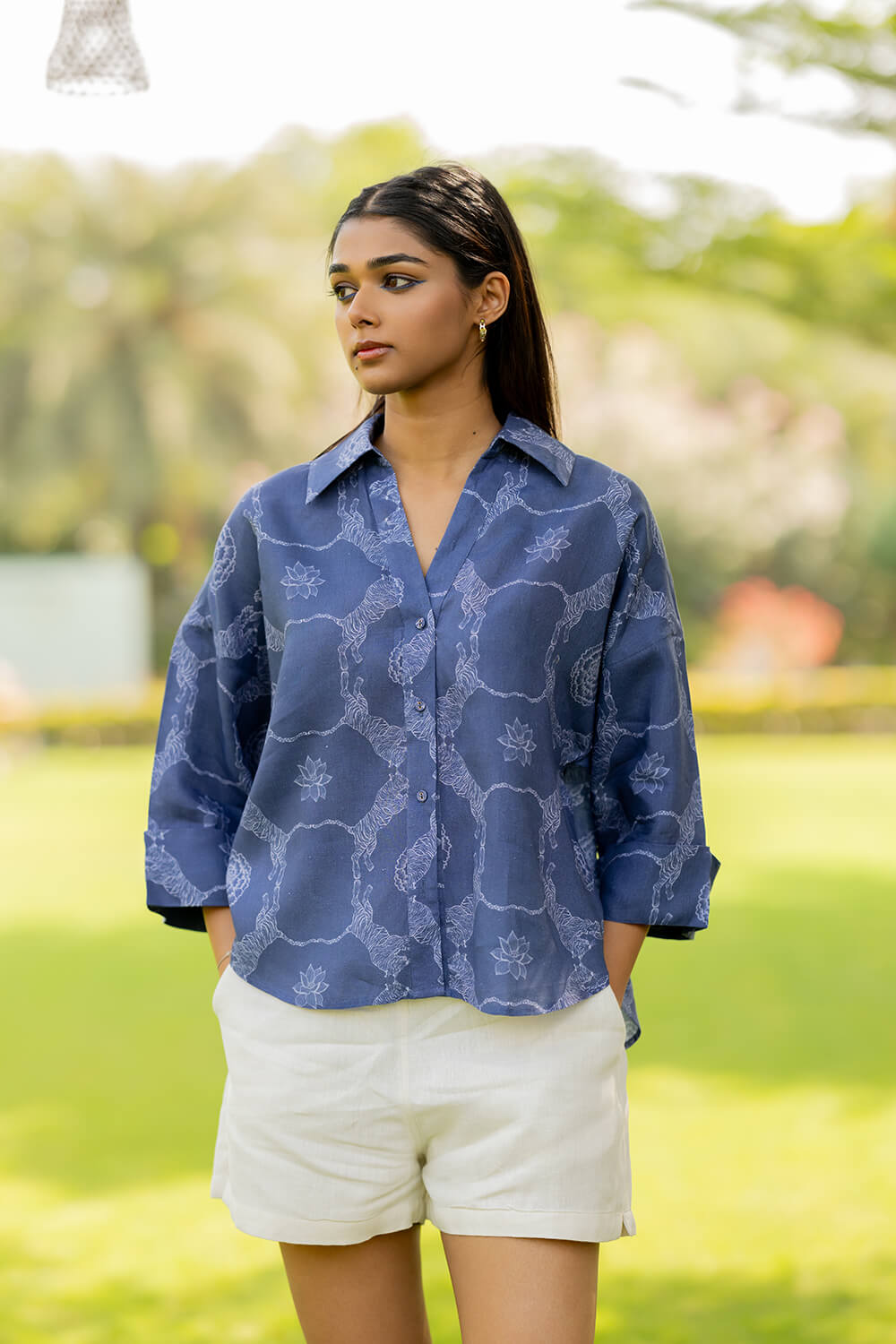 Linen Oversized Top- Blue Tiger