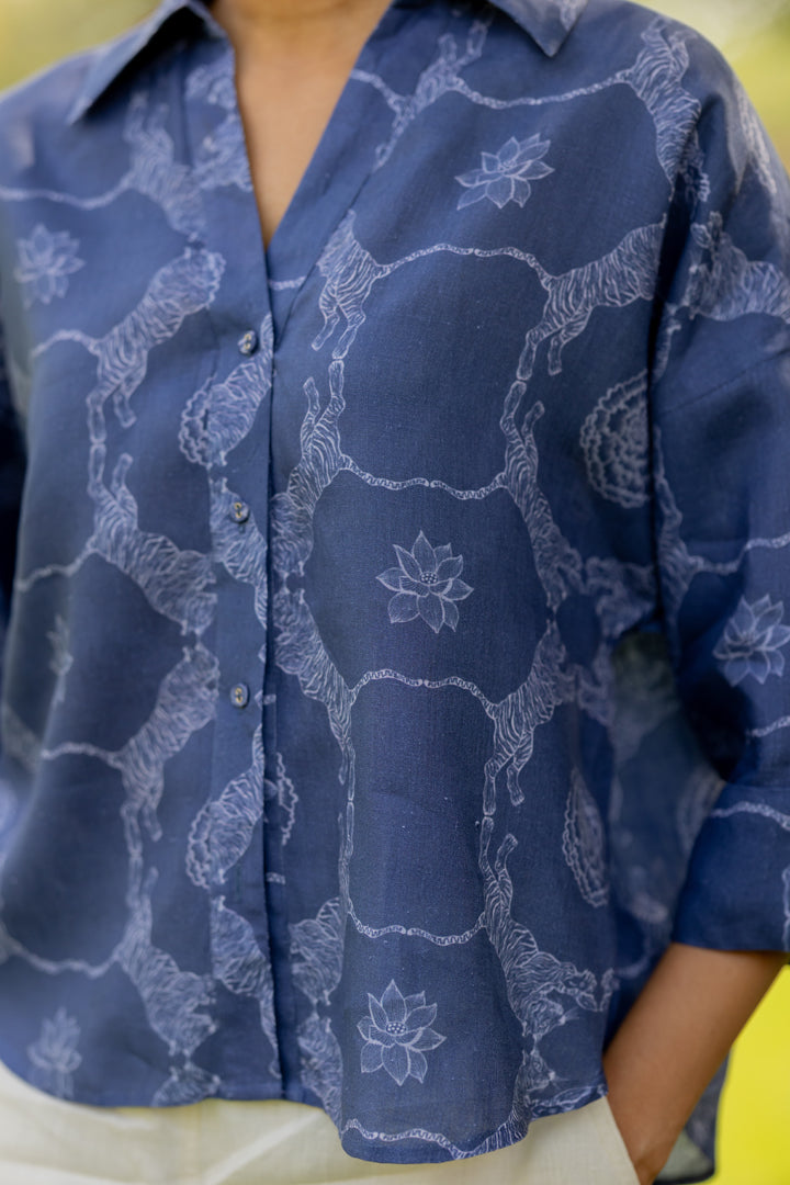 Linen Oversized Top- Blue Tiger