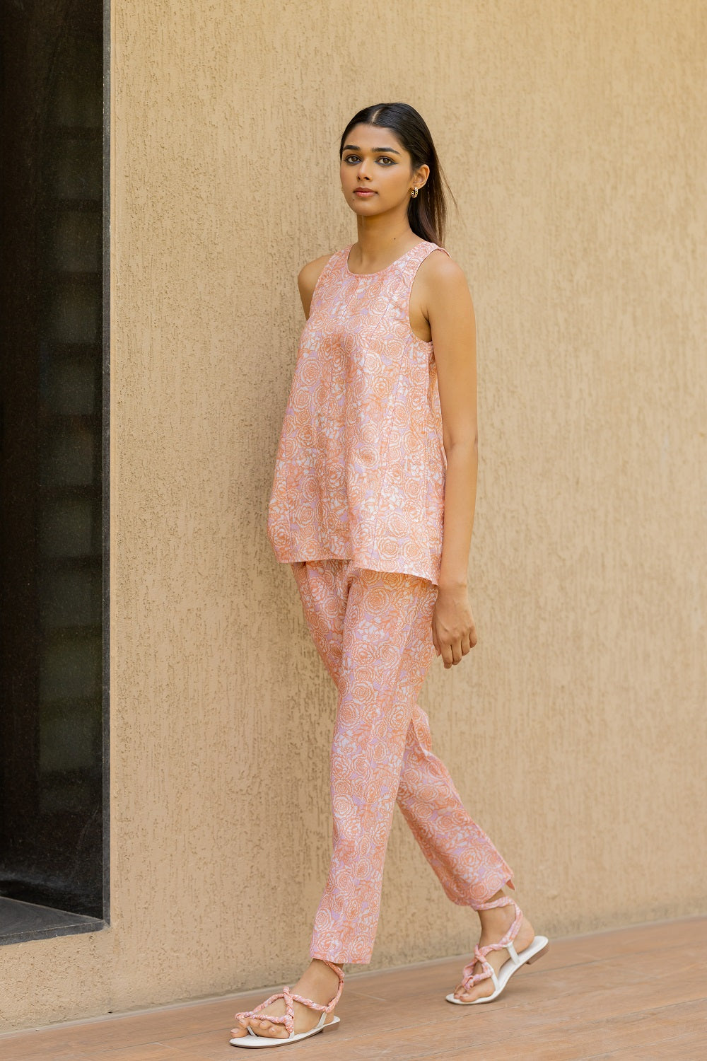 Linen Phoolon Ki Gali Pant -Orange/white