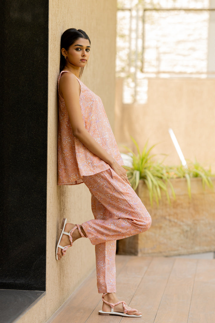 Linen Phoolon Ki Gali Pant -Orange/white