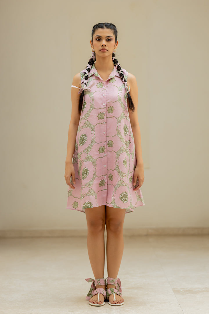 Linen Banaras Wild Flower Kai Dress- Pink And Green