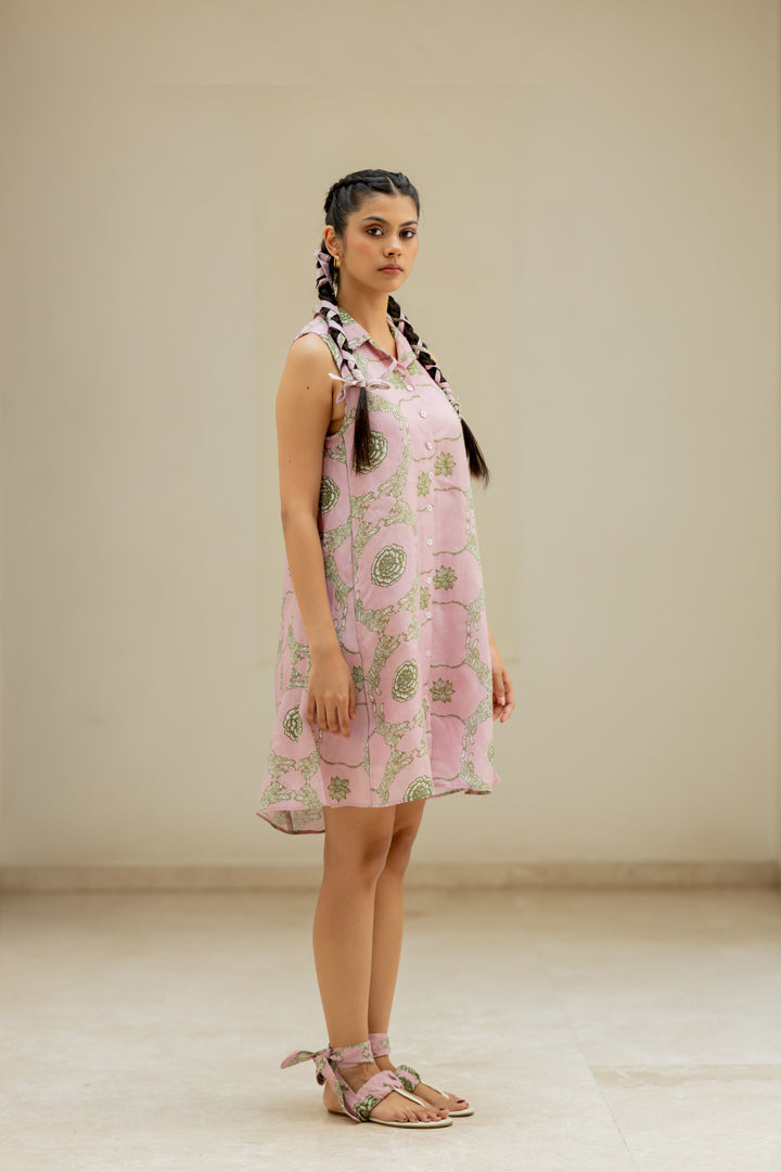 Linen Banaras Wild Flower Kai Dress- Pink And Green