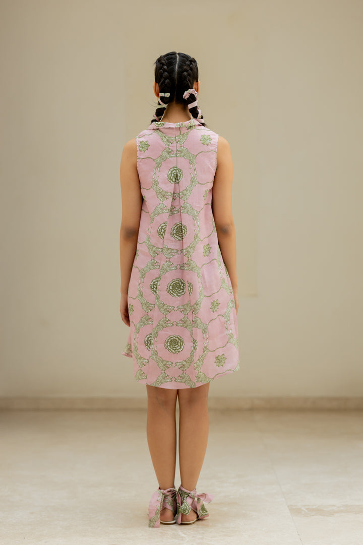 Linen Banaras Wild Flower Kai Dress- Pink And Green