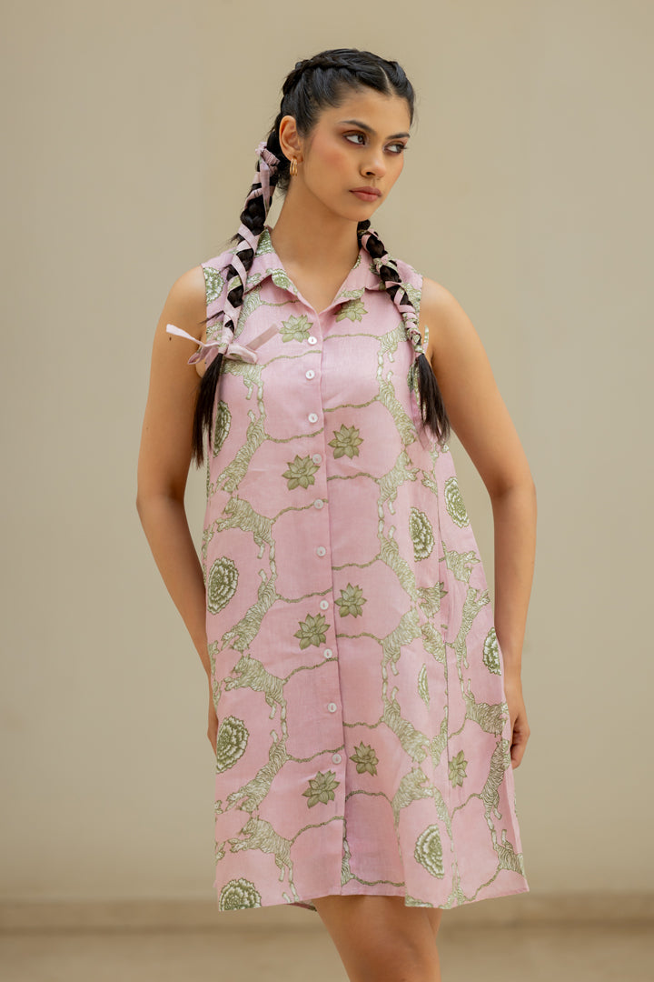 Linen Banaras Wild Flower Kai Dress- Pink And Green