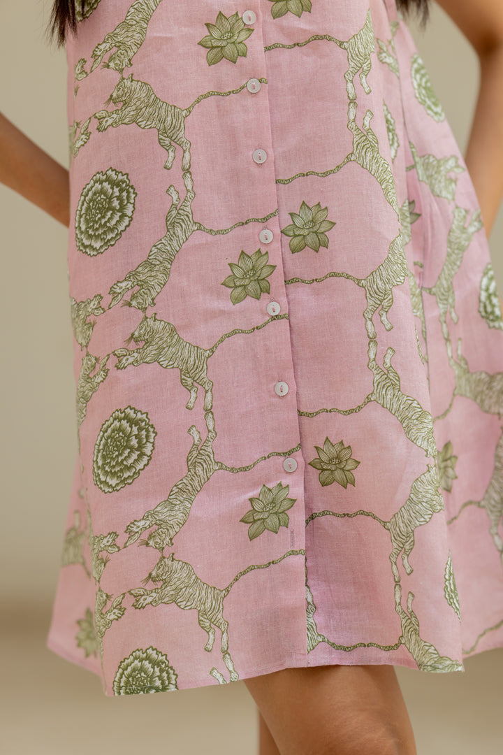 Linen Banaras Wild Flower Kai Dress- Pink And Green