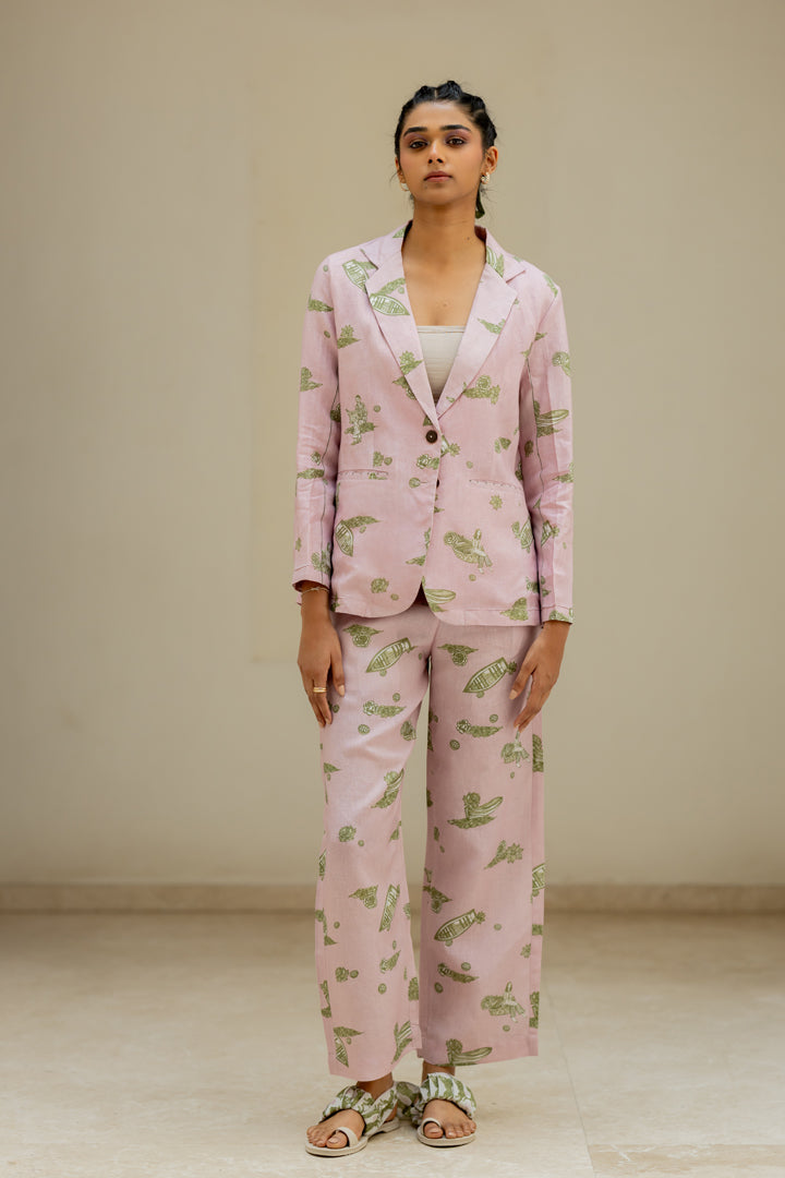 Linen Banaras Stories Blazer- Pink And Green