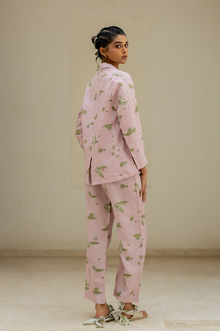 Linen Banaras Stories Blazer- Pink And Green