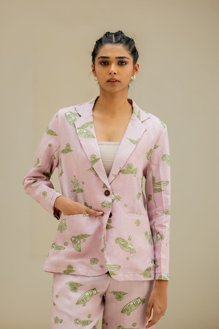Linen Banaras Stories Blazer- Pink And Green