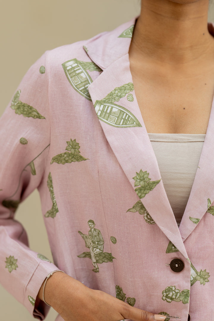 Linen Banaras Stories Blazer- Pink And Green