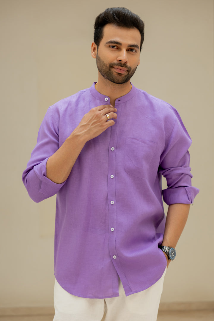Linen Mandarin Collar Shirt - Purple