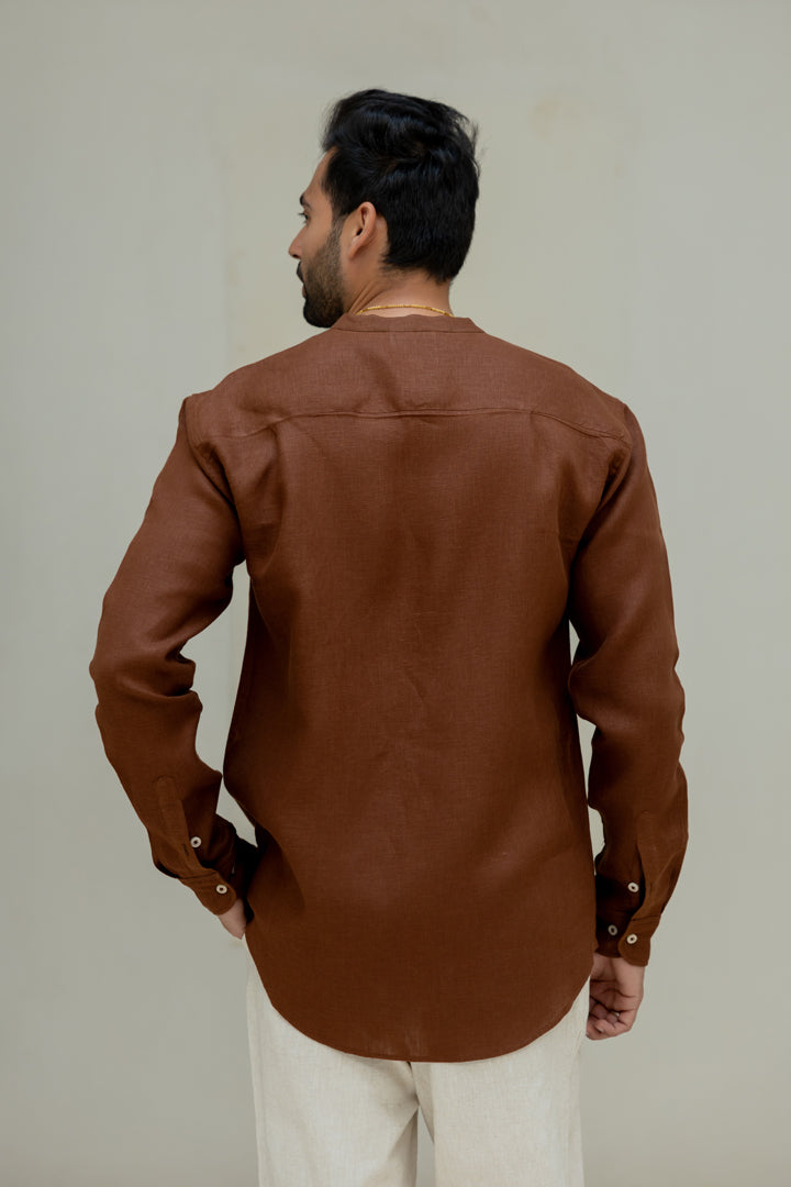Linen Mandarin Collar Shirt - Chocolate Brown