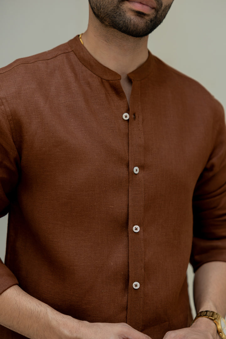 Linen Mandarin Collar Shirt - Chocolate Brown
