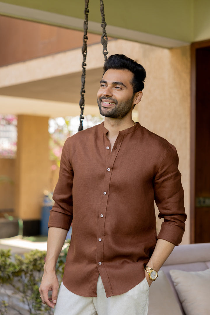Linen Mandarin Collar Shirt - Chocolate Brown