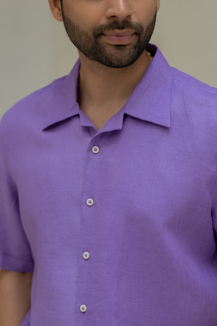 Linen Men Shawl Collar Shirt - Purple