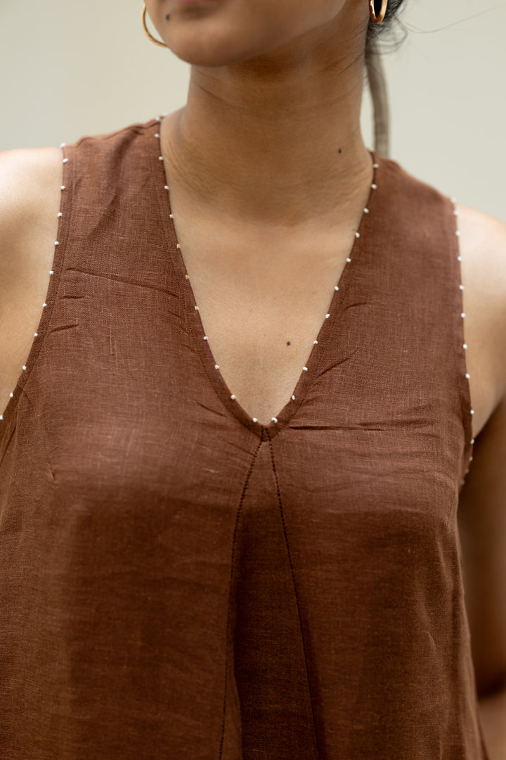 Linen V-NECK Panel Dress - Chocolate Brown