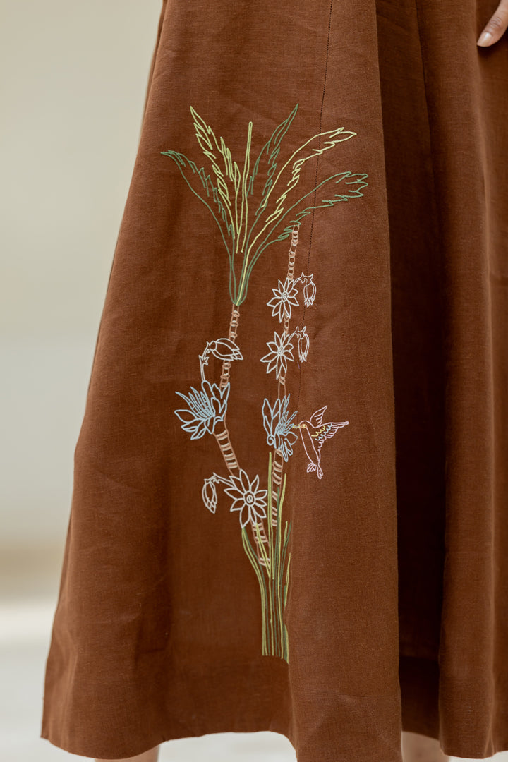 Linen V-NECK Panel Dress - Chocolate Brown