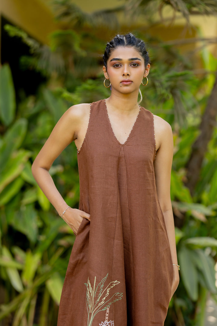 Linen V-NECK Panel Dress - Chocolate Brown