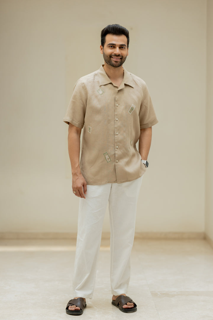 Linen Men Shawl Collar Shirt - Bamboo