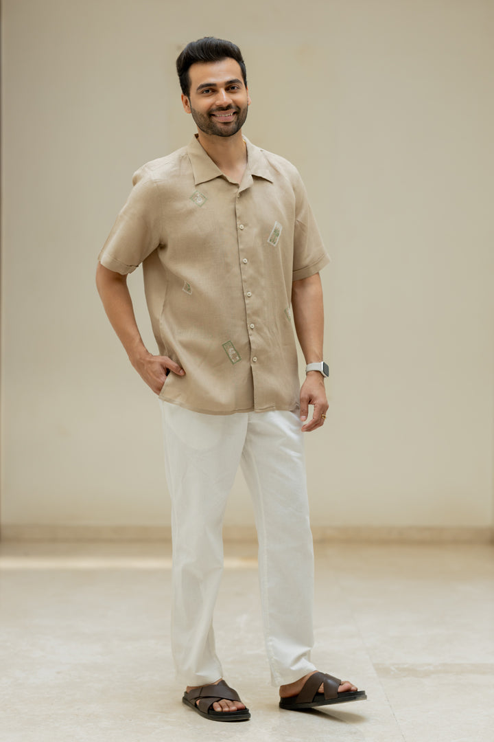 Linen Men Shawl Collar Shirt - Bamboo