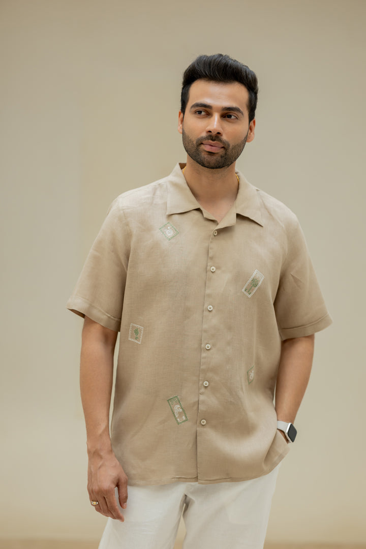 Linen Men Shawl Collar Shirt - Bamboo