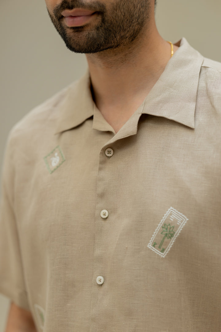 Linen Men Shawl Collar Shirt - Bamboo