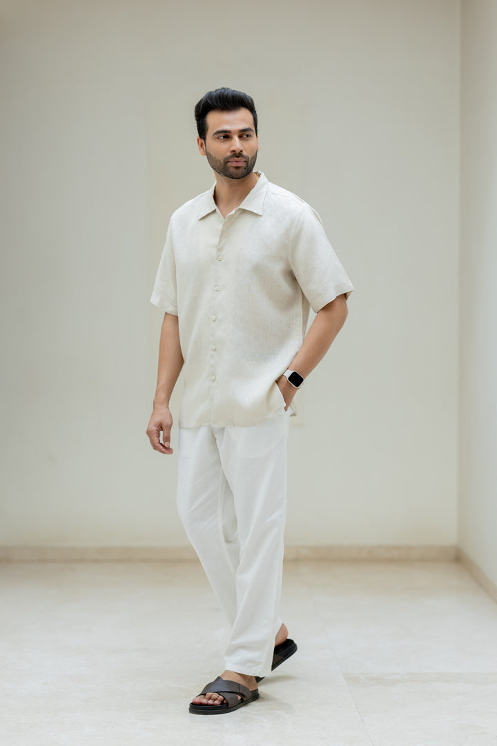 Linen Men Shawl Collar Shirt - Oatmeal