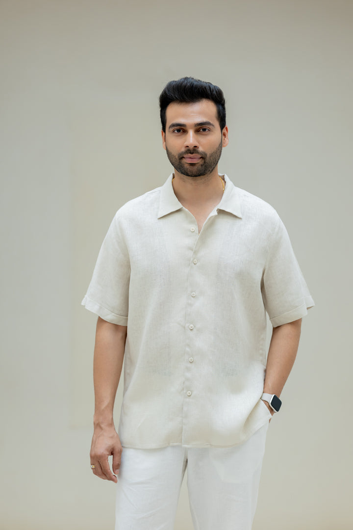 Linen Men Shawl Collar Shirt - Oatmeal