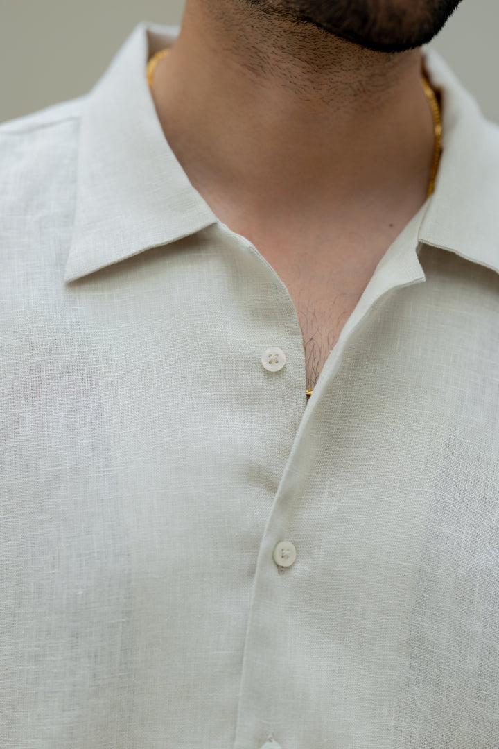 Linen Men Shawl Collar Shirt - Oatmeal
