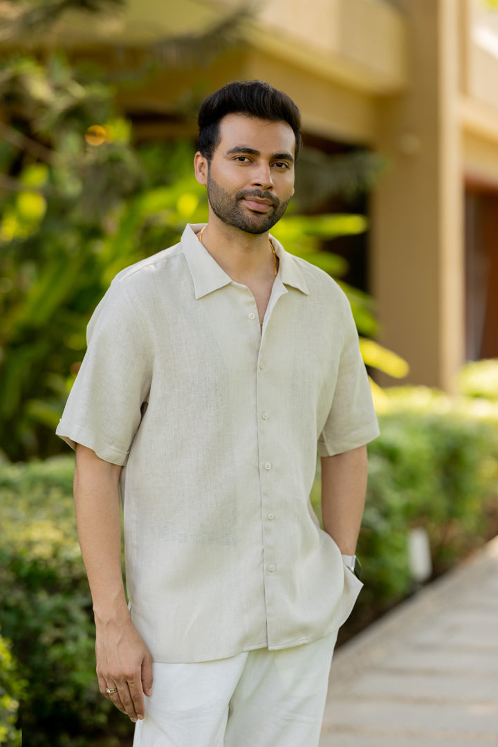 Linen Men Shawl Collar Shirt - Oatmeal