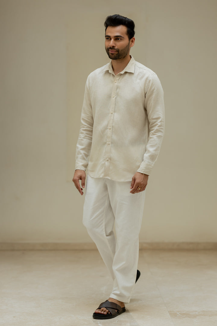 Linen Men Shawl Collar Shirt - Oatmeal