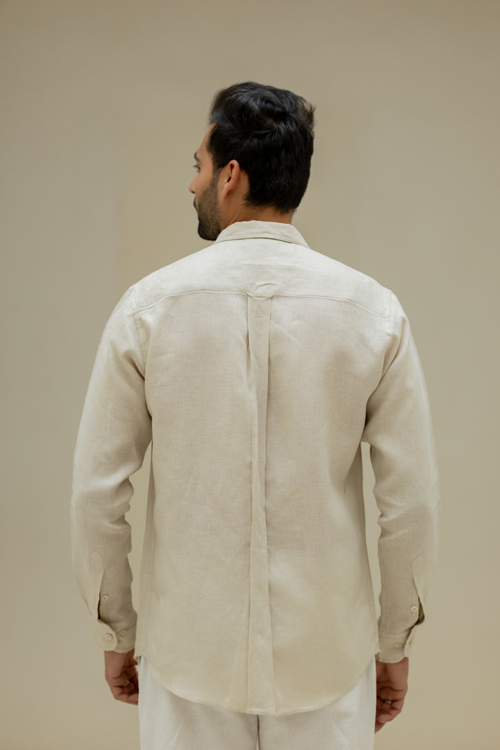 Linen Men Shawl Collar Shirt - Oatmeal