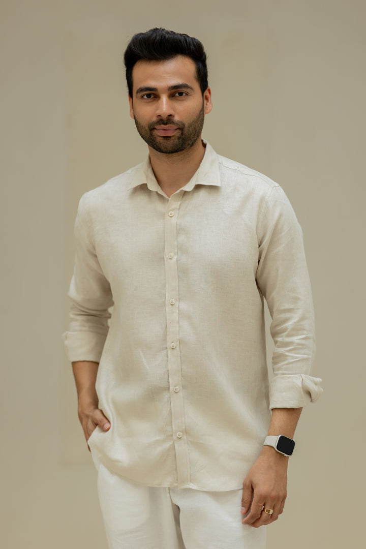 Linen Men Shawl Collar Shirt - Oatmeal