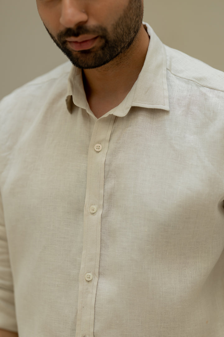 Linen Men Shawl Collar Shirt - Oatmeal