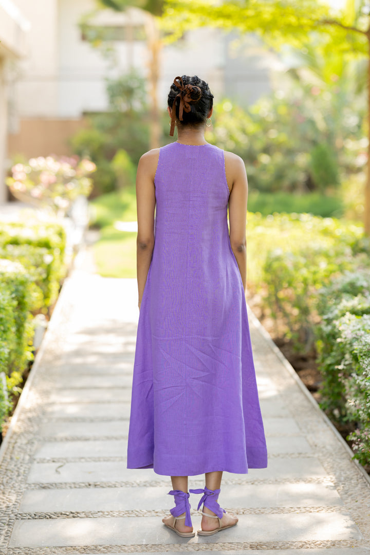 Linen V-Neck Panel Dress - Purple