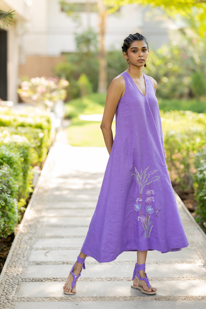 Linen V-Neck Panel Dress - Purple