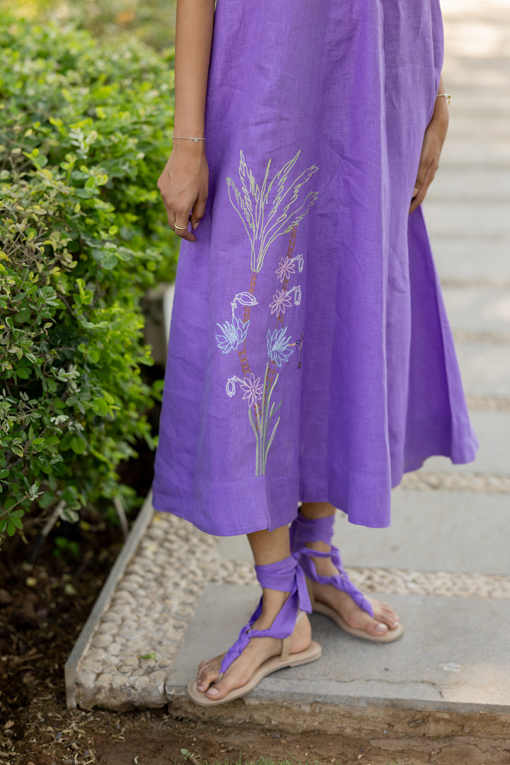 Linen V-Neck Panel Dress - Purple