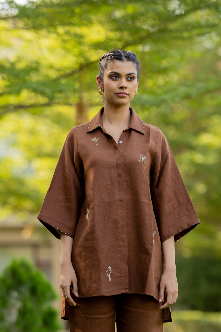 Linen Shirt Kurta - Chocolate Brown