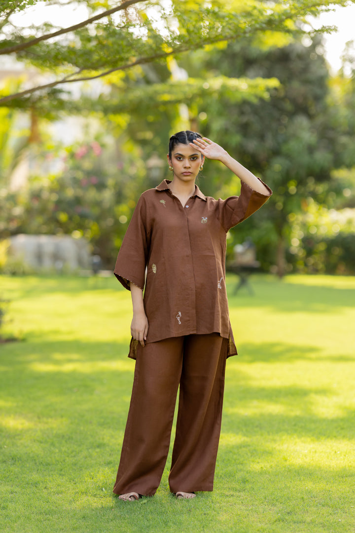 Linen Zipper Pants - Chocolate Brown