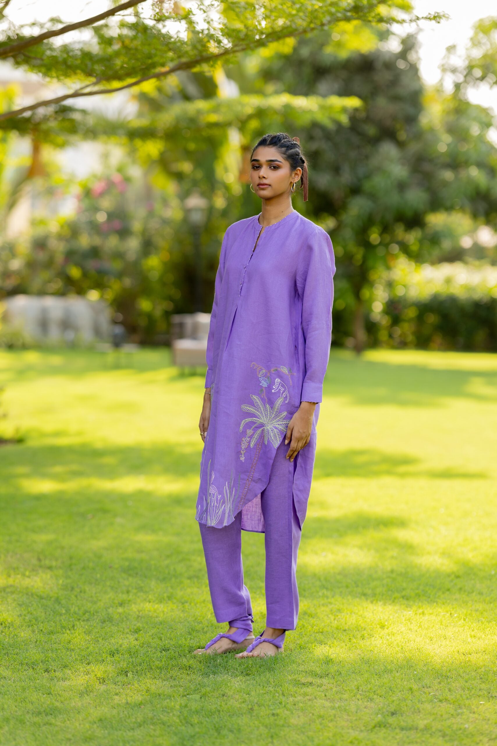 Linen Over sized Lace Kurta - Purple