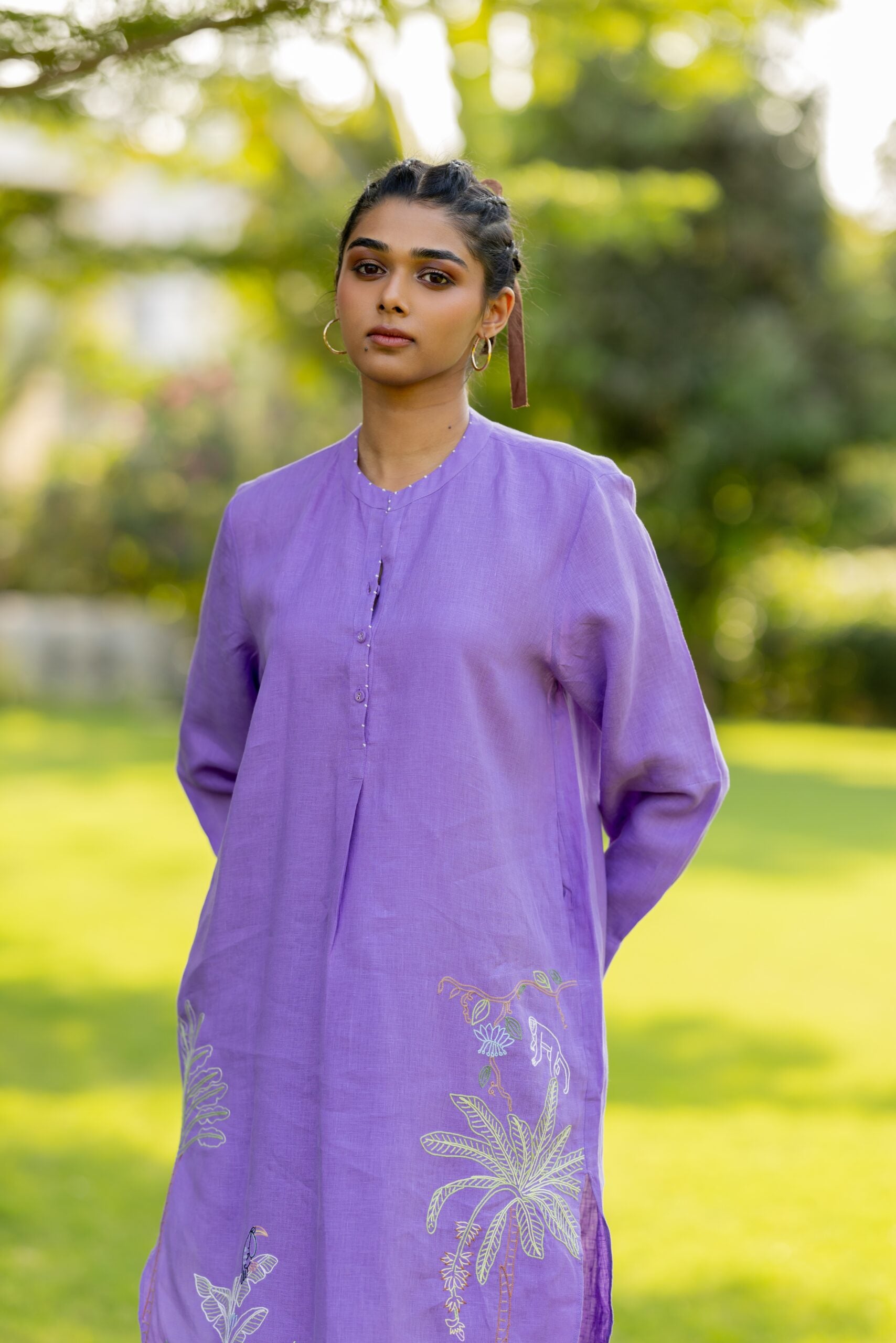 Linen Over sized Lace Kurta - Purple