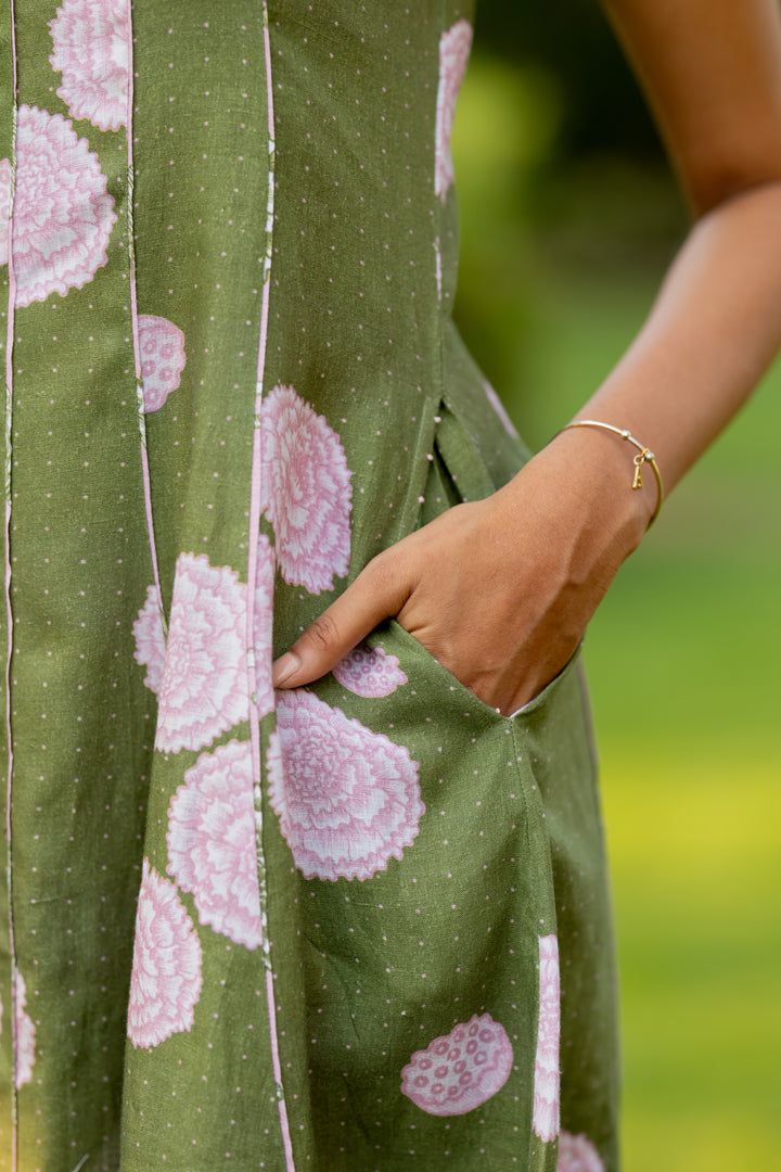 Linen Panel Dress- Green Floral