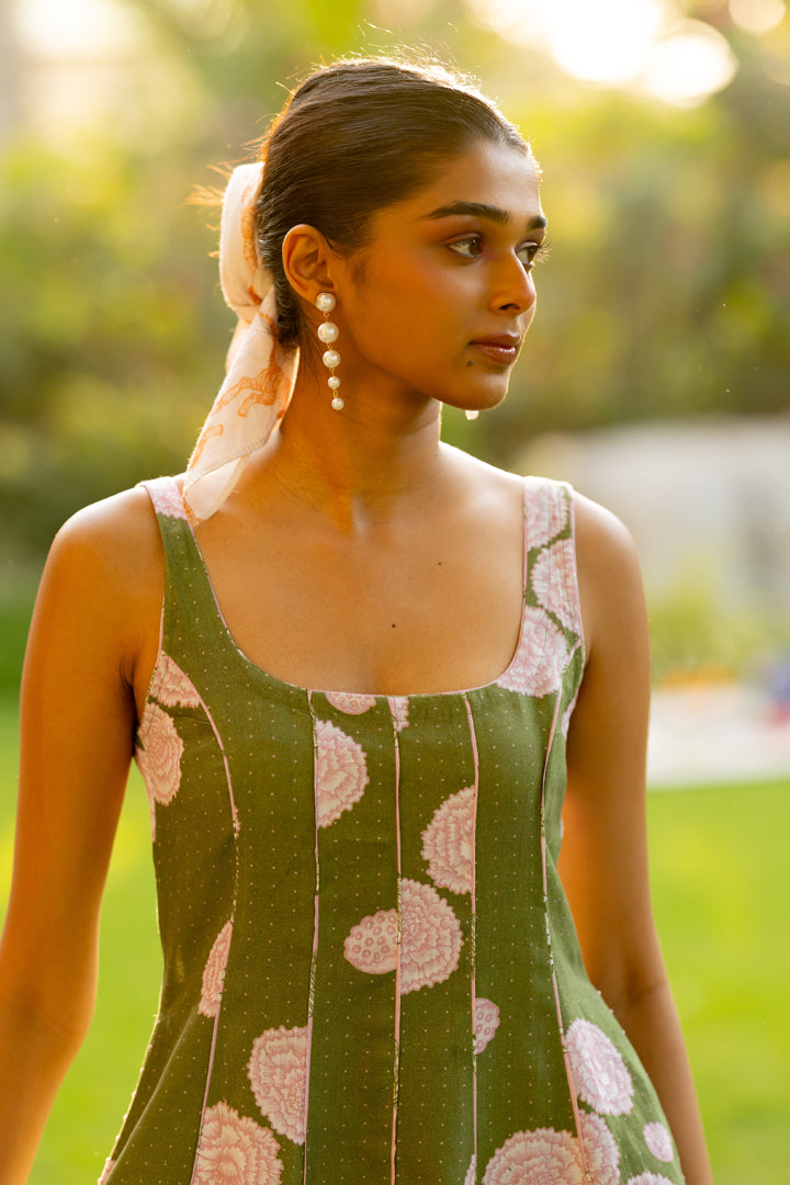 Linen Panel Dress- Green Floral