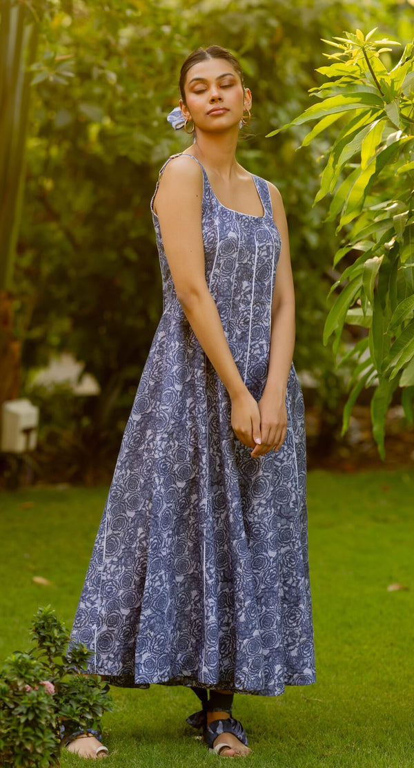 Linen Panel Dress- Blue Floral