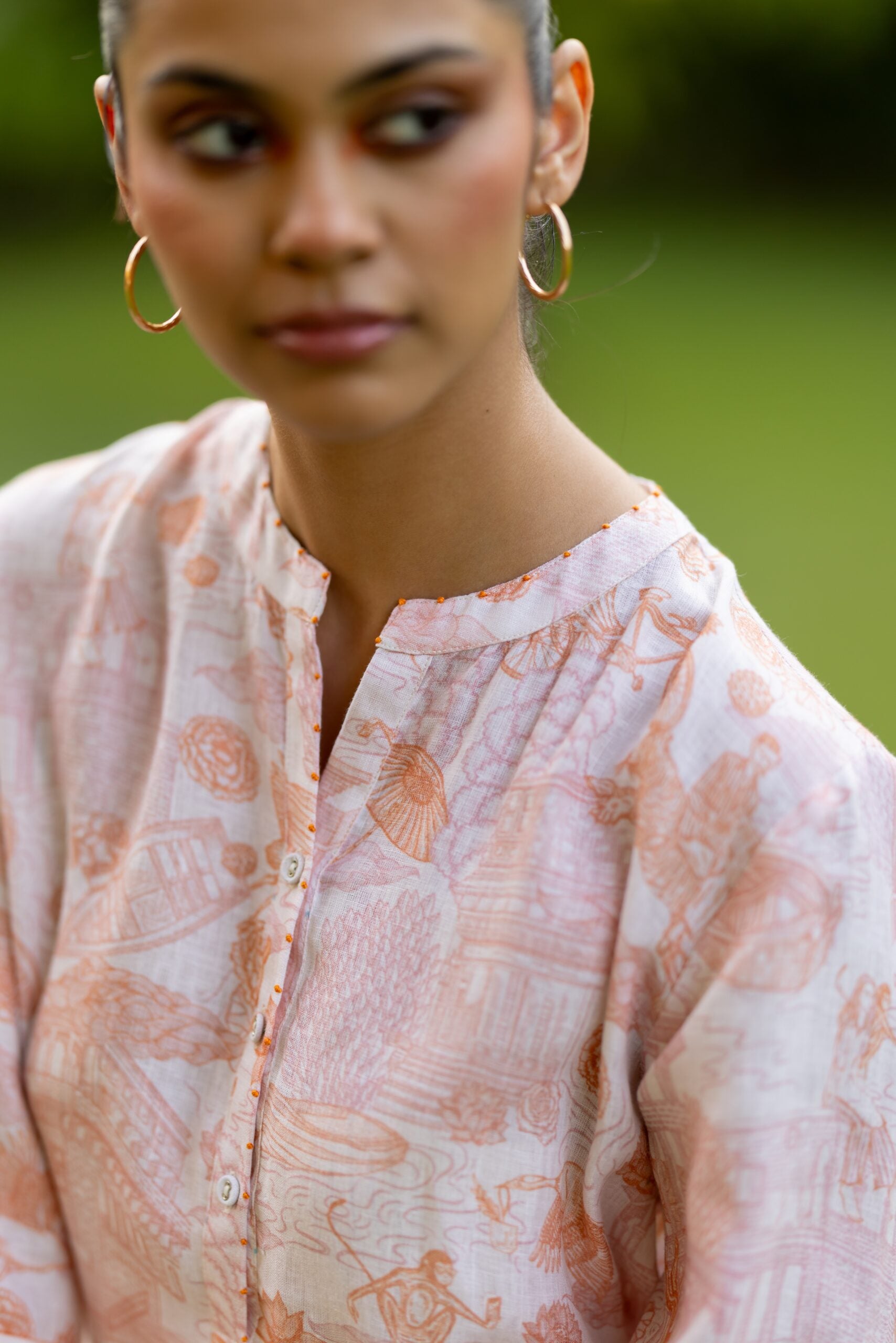 Linen Over sized Lace Kurta - Orange Banaras