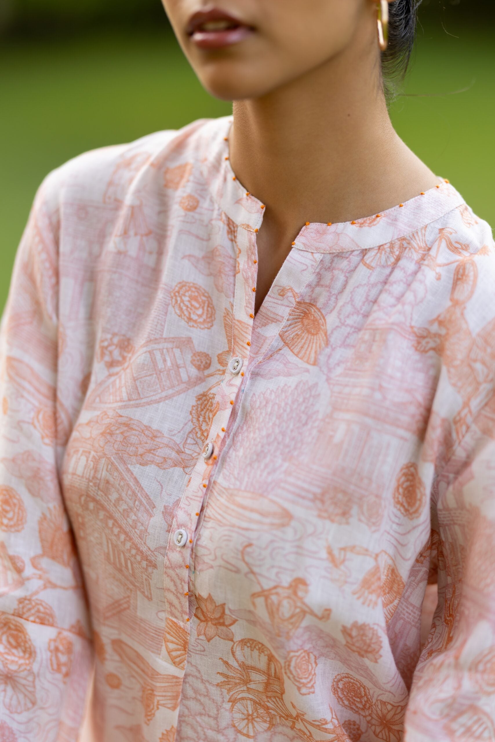 Linen Over sized Lace Kurta - Orange Banaras
