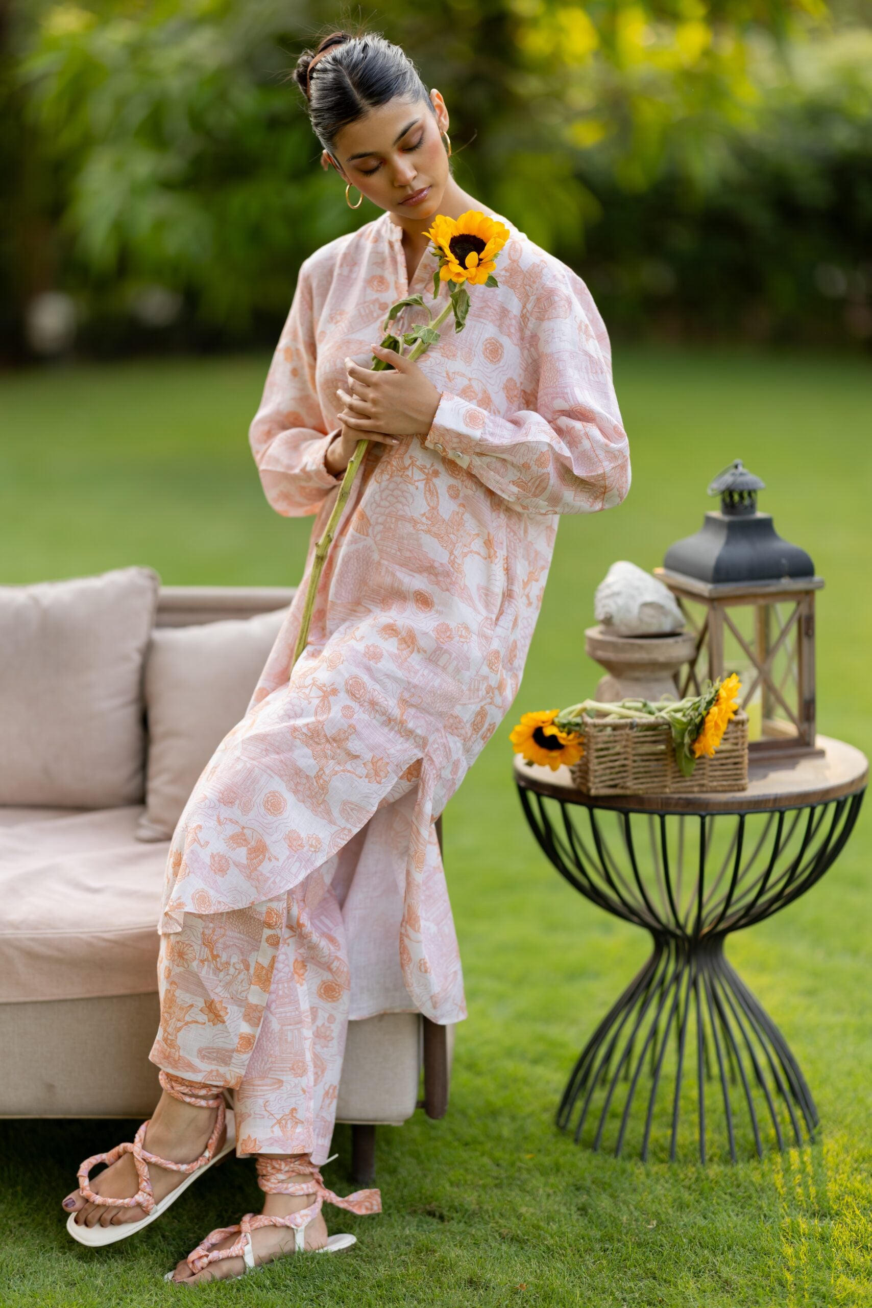 Linen Over sized Lace Kurta - Orange Banaras