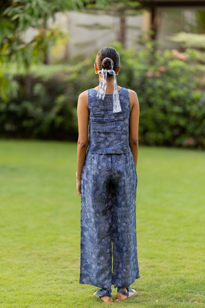 Linen Blue Banaras Zipper Pant